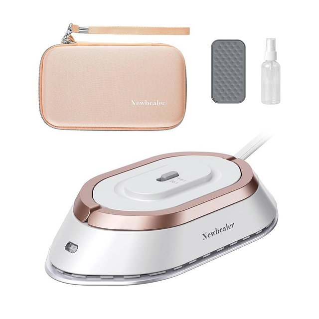 Newbealer Travel Iron with Global Voltage, 100-240V Mini Dry Iron for Clothes (No Steam), Max 300W, 60s Heat Up, 302℉ Non-Stick Ceramic Soleplate, 0.8lbs (Gold with Hard Case)