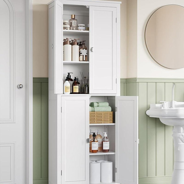 VASAGLE Floor Storage Cabinet, Freestanding Storage Unit with 4 Doors, Adjustable Shelves, 11.8 x 23.6 x 66.9 Inches, for Entryway, Bathroom, Cloud White UBBC550W01