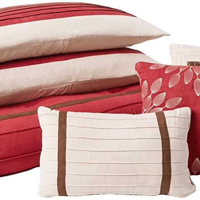 Madison Park - Palmer 7 Piece Comforter Set -Red - King - Pieced Microsuede - Includes 1 Comforter, 3 Decorative Pillows, 1 Bed Skirt, 2 Shams