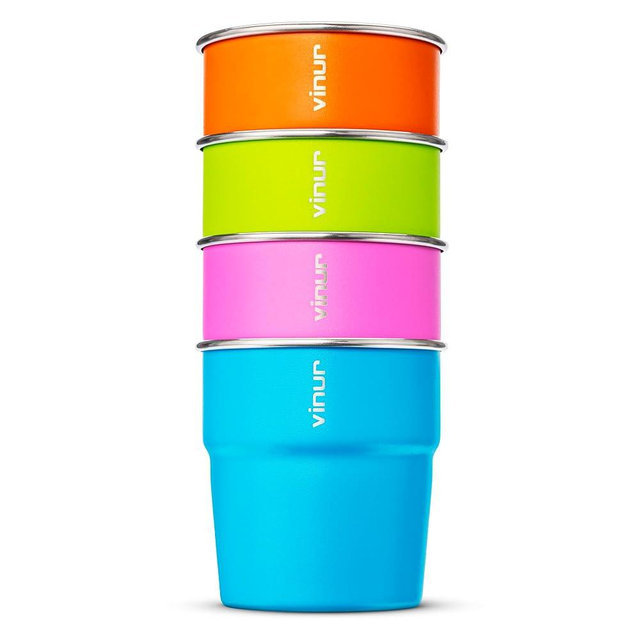 VINUR 4 Pack Stainless Steel Cups 8 oz Pint Tumbler Stackable Metal Drinking Glasses for Travel, Camping, Outdoors (Sky Blue-Orange-Hot Red-Apple Green)