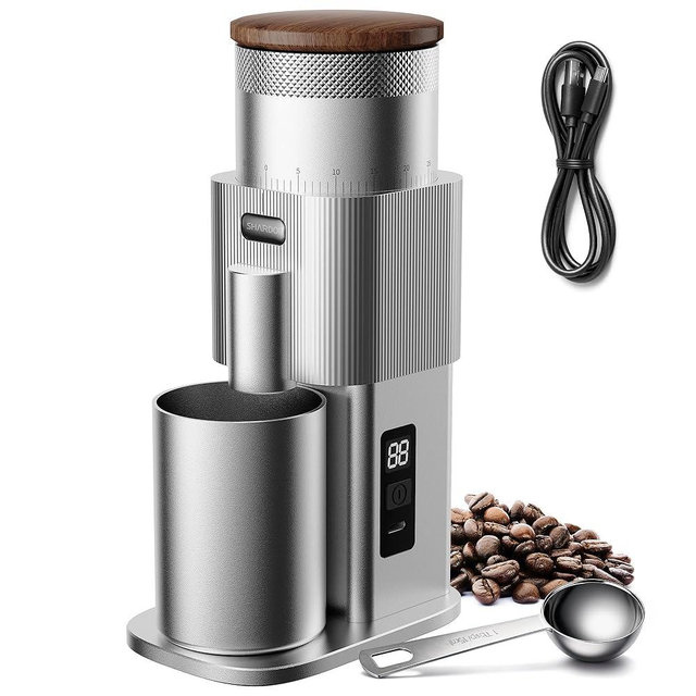 SHARDOR All-Metal Single-Dose Coffee Grinder – Quiet DC Motor, Home-use Espresso Grinder, Burr Coffee Grinder, with 80 Settings and an LED Power Display，Silver
