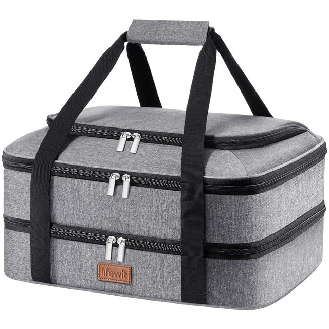 Lifewit Double Decker Casserole Carrier for Hot and Cold Food, Insulated Casserole Dish Carrier Carrying Case with Tool Room, Thermal Bag for Potluck Parties Cookouts Fits 9"×13" Baking Dish, Gray