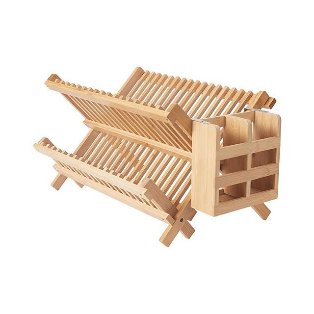 NOVAYEAH Bamboo Dish Drying Rack-2 Tier , Collapsible Small Dish Rack with Utensil Holder, Wooden Drying Rack for Kitchen Counter, Apartment Essentials Kitchen Plate Holder, Kitchen Organization