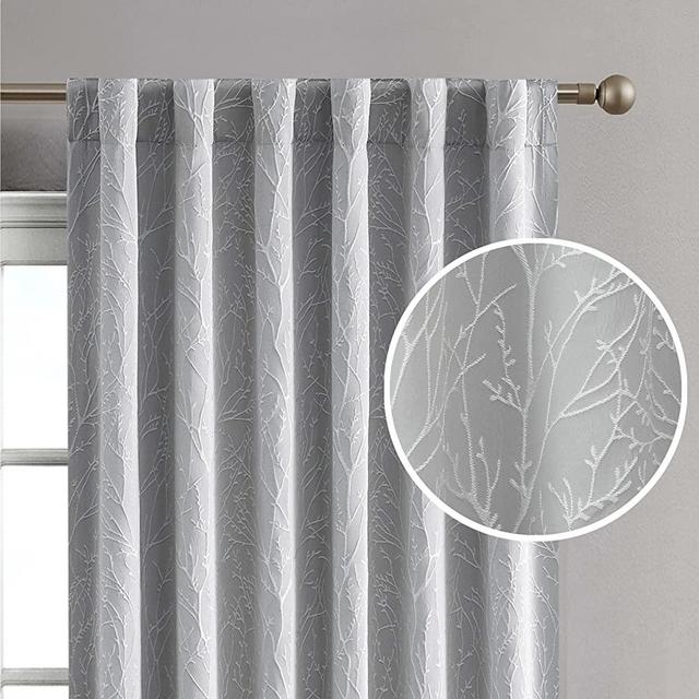 Creative Home Ideas Blackout Curtains (2 Panels, 50"x 96", Cool Grey) Room Darkening Thermal Insulated Curtains with 2 Tiebacks - Collins Window Curtains for Bedroom, Living Room - Branch Pattern