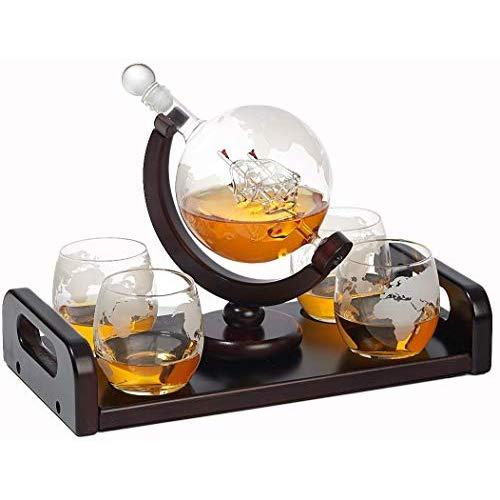 Bezrat Etched Globe Whiskey Decanter Set + 4 Whisky Glasses 10 Oz. on Rich Wood Mahogany Base Tray with 2 Side Handle - Gift Packaging - Antique Ship Whiskey Dispenser for Liquor Scotch Bourbon Vodka