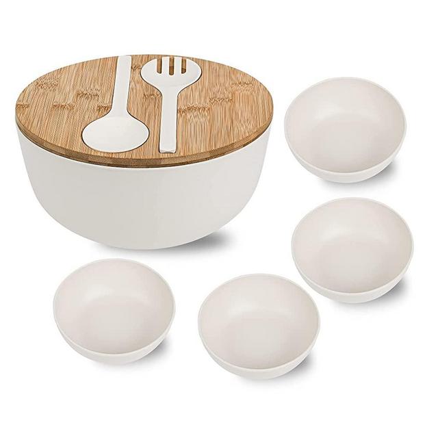LOVYANXUE Bamboo fiber Salad Bowl Set with Lid Spoon Fork and serving bowls Set 4 Pack, Pasta Bowl Set, Sturdy Mixing Bowls, Deep Soup Bowl for Family Kitchen, White Bowls