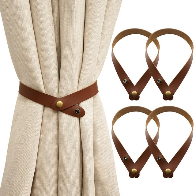 Home Queen PU Leather Curtain Tiebacks, Modern Faux Leather Curtain Straps with Adjustable Buttons, No Drill Holdbacks for Bedroom, Living Room, Hotel, Office, Set of 4,Chocolate
