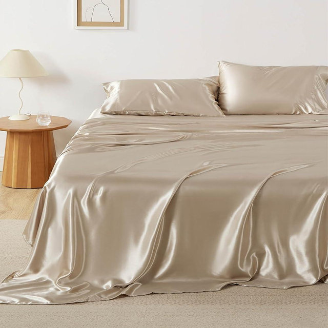 Bedsure Satin Sheets - Queen Sheet Set, 4 Pcs Queen Bed Sheets, Similar to Silk Sheets, Bed Sheets Queen Size for Hair and Skin, Gifts for Women (Khaki, Queen)