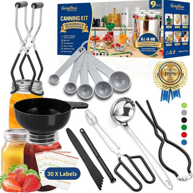 Canning Supplies Starter Kit,Canning Kit for Beginners of 9 with Jar Lifter,Wide Mouth Funnel,Wrench,Tongs,Lid Lifter,Bubble Popper,Canning Labels,ladle,Measuring Spoon-Black