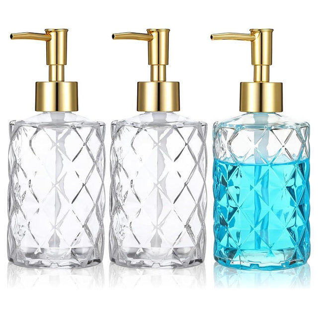 3 Pack Diamond Embossed Glass Soap-Dispensers with Gold Plastic Pump, 12 OZ Bathroom soap Dispenser, Elegant Hand Soap Dispenser for Bathroom & Kitchen