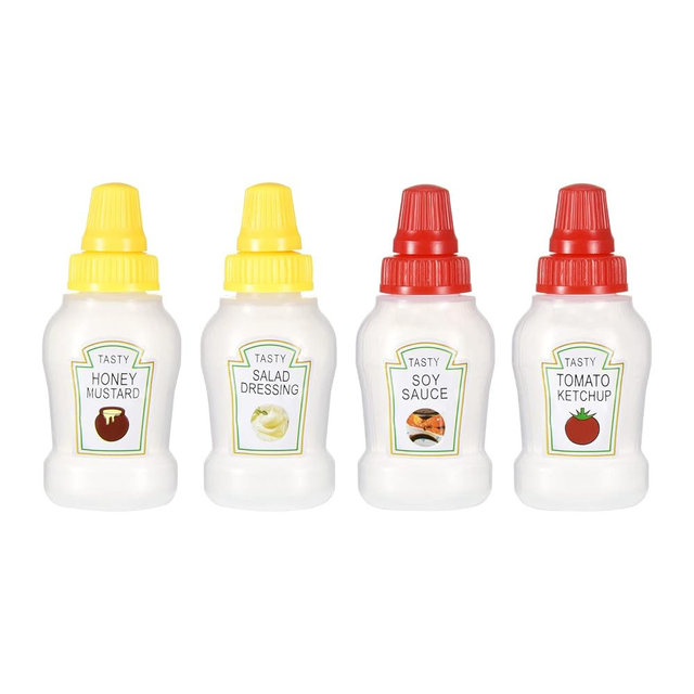 Jspupifip Mini Ketchup Bottles with Sturdy Screw Cap, 25ml Mini Condiment Squeeze Bottles Portable Honey Sauce Salad Dressing Dispensers Jars Containers for Adults Lunch Box (4)