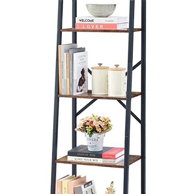Hoctieon Industrial Ladder Bookshelf, Multifunctional Ladder Shelf, 5-Tier Tall Bookshelf, Open Ladder Shelf Bookcase, for Living Room, Home Office, Kitchen, Bedroom, Metal Frame, Rustic Brown