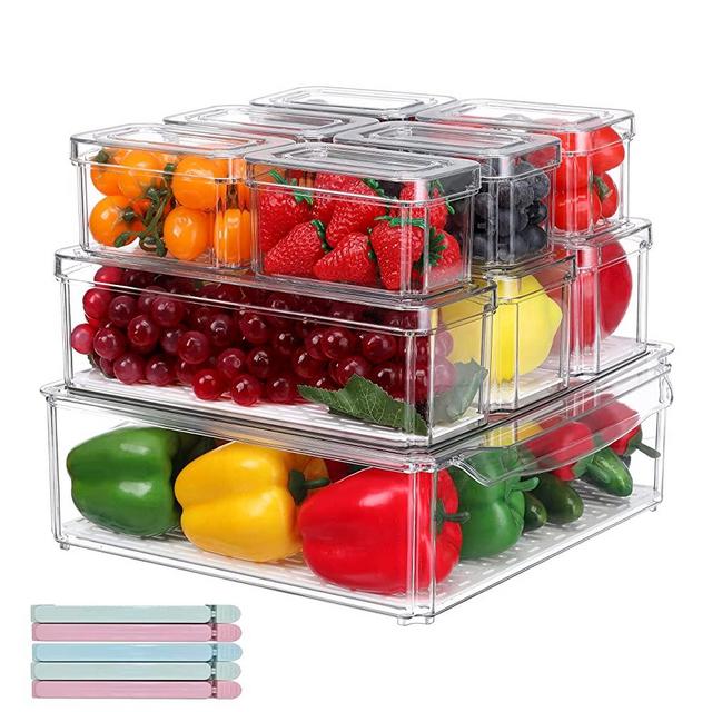 Pure Future Set of 10 Refrigerator Organizer Bins Stackable with Lids, Fridge Organizers and Storage Clear, BPA-Free, Fridge Storage Containers for Fruits & Vegetables