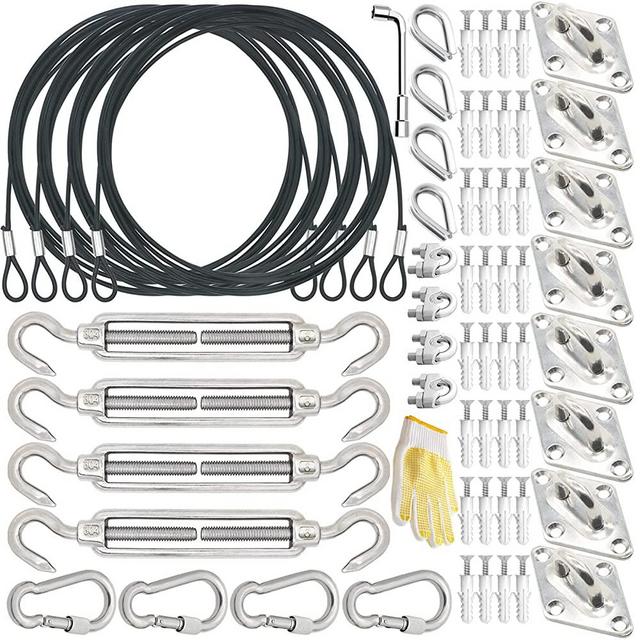 BESTEEL 90 PCS T304 6Inch Hardware Kit 4pcs 12ft Length Extension Nylon Wire Rope for Square & riangle Sun Shade Sail Canopy Awning Installation Installation Complete Set 316 Stainless Steel Anti Rust
