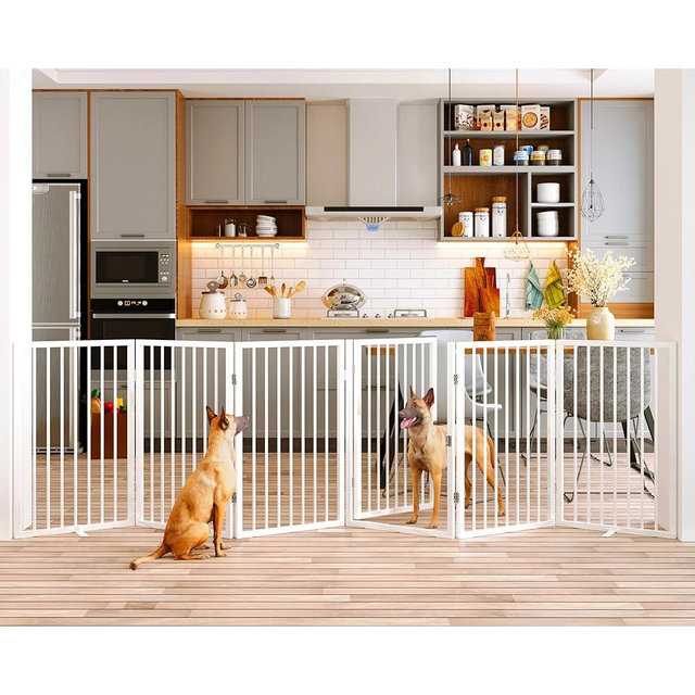 Vantas Folding No-Assembly Metal Pet Gate 120" Wide, 32" Extra Tall Dog Gate with Door Walk Through, Freestanding Accordion Puppy Gate for Indoor & Outdoor, with 2PCS Support - White