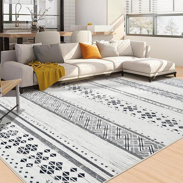 BESTSWEETIE 8x10 Area Rug Washable 8x10 Rug Rugs Moroccan Farmhouse Neutral Geometric 8x10 Rug for Living Room Bedroom Low Pile Non-Slip Ultra Soft Faux Wool