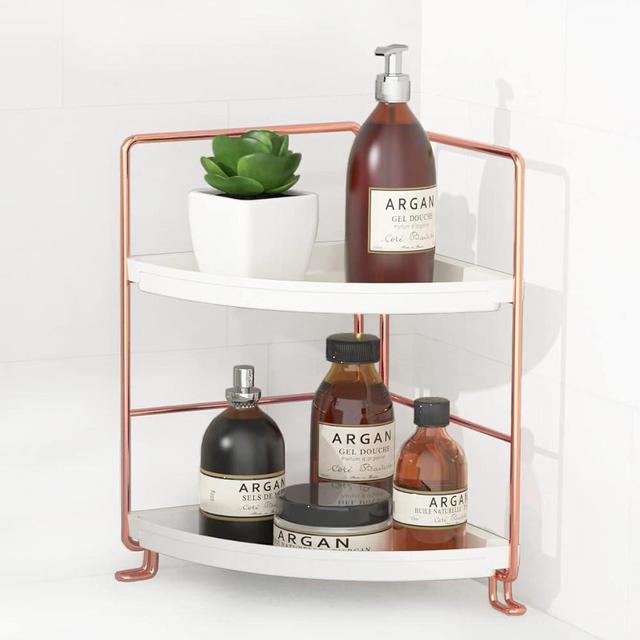 FSyueyun 2-Tier Corner Bathroom Countertop Organizer, Kitchen Spice Rack Makeup Storage Shelf Vanity Bedroom Storage Tray (Rose Gold)