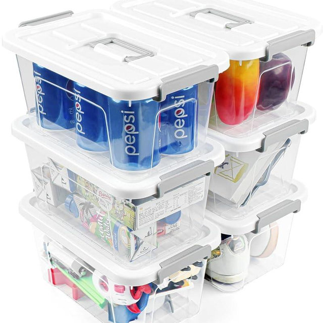 AREYZIN Plastic Storage Bins With Lids,6 Pack Storage Organizer Bins,7 Quart Stackable Storage container with Lid and Gray Handle Buckle Easy for Home Office Organization, with White Lids