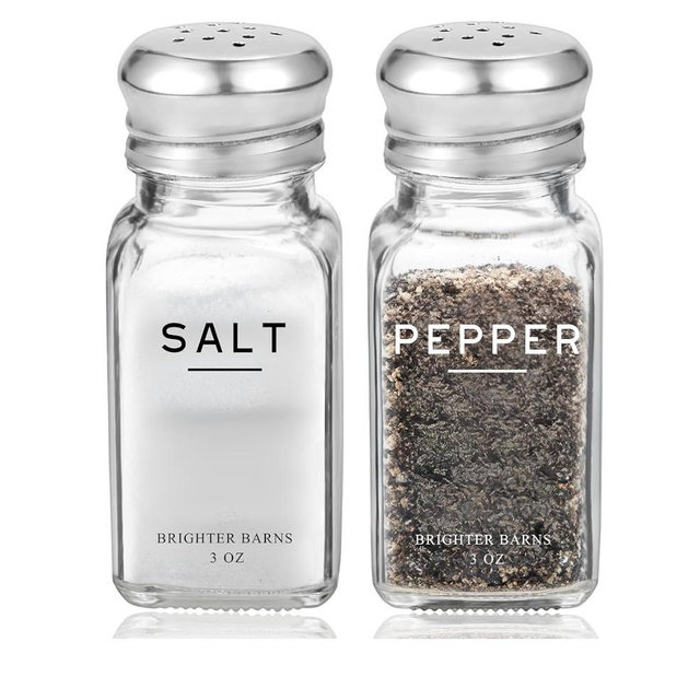 Glass Salt and Pepper Shakers Set by Brighter Barns - Modern Kitchen Decor, Dining Table Countertop Accessory - Rustic, Farmhouse, Vintage Glass Shakers with Stainless Steel Lids for Home, Restaurant