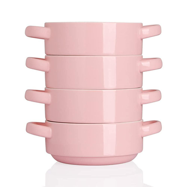 SWEEJAR Ceramic Soup Bowls with Double Handles, 20 Oz Stacked Bowls for French Onion Soup, Cereal, Pot Pies, Stew, Chill, Pasta, Set of 4(Light Pink)
