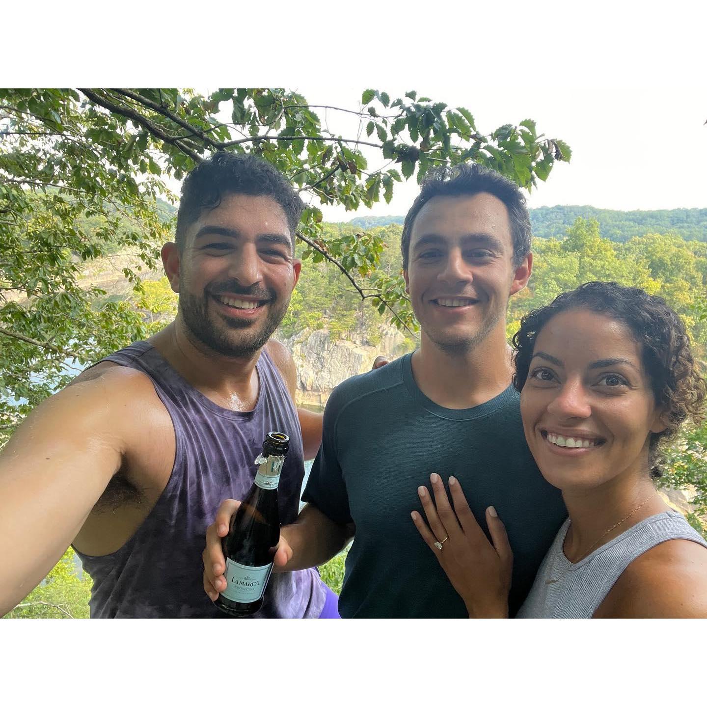 Moments after David proposed and Sonya almost knocked him out with a champagne cork