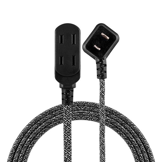 Cordinate 42841-T1 Designer 3 Extension, 2 Prong Strip, Extra Long 8 Ft Power Flat Plug, Fabric Braided Cord, Slide-to-Close Safety Outlets, 42841, 8 ft, Black/Gray, 8 ft