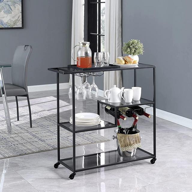 FirsTime & Co. Black Evelyn Bar Cart, Slim Kitchen Serving Cart and Coffee Cart with Storage for Liquor and Glasses, Metal and Glass, Modern, 35 x 12.25 x 34 inches
