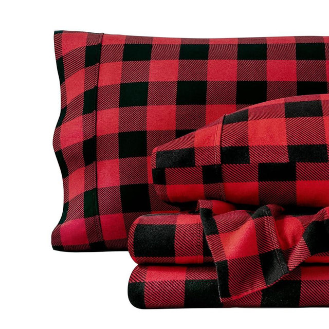Bare Home Flannel Sheet Set Prints, 100% Cotton, Soft Heavyweight - Christmas Holiday Sheets - Double Brushed Flannel - Extra Softness, Comfort - Deep Pocket (Cal King, Buffalo Plaid - Red/Black)