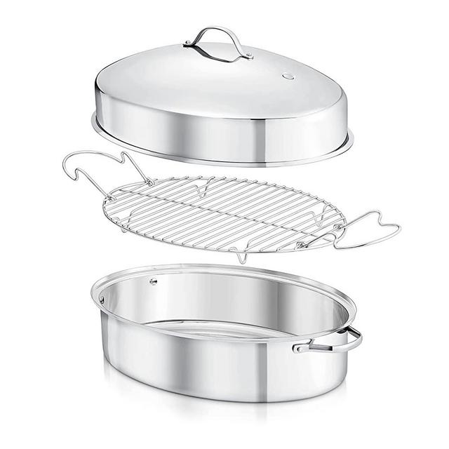 Oval Roasting Pan, Roaster with Polished Rack, Wide Handle and Stainless Steel Lid, Turkey Chicken Roasting Pan Great for Thanksgiving Dinners, Tender Roast, Deep Dishes, and More