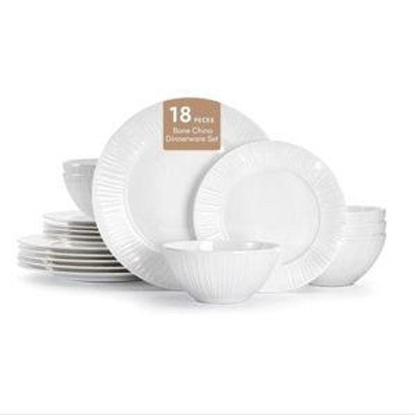 KINGSTONE Bone China Dinnerware Set, 18-Piece White Lightweight Porcelain with Textured Design Service for 6, Plates, Bowls, for Family Dining, Restaurants, Gifting，Microwave and Dishwasher Safe