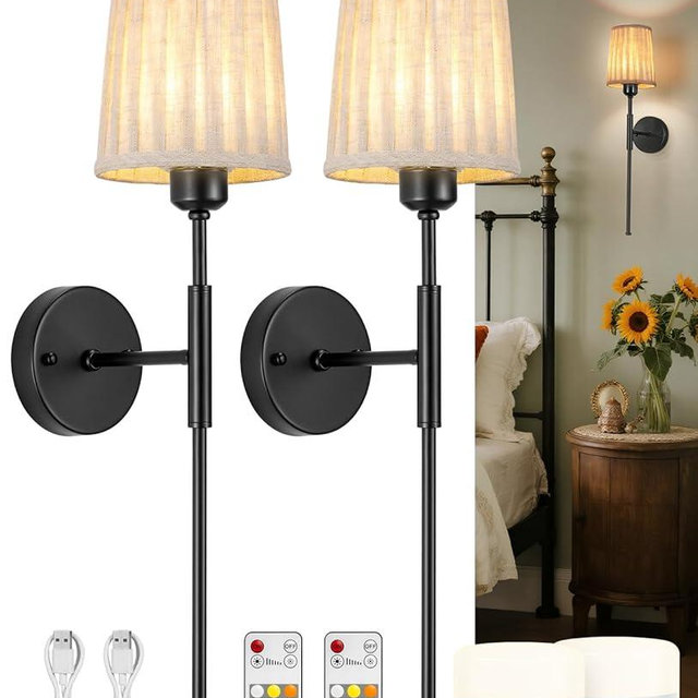 Glitnous Battery Operated Wall Sconce, Wall Sconces Battery Operated, Wireless Wall Sconces Set of Two, Rechargeable Wall Sconce with 13000mAh Bulb, Battery Wall Lamp/Lights for Bedroom, Linen Black