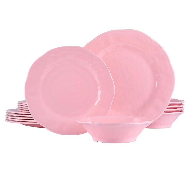 ZAROCRUS 18 Piece Pink Dinnerware Set, Lightweight Kitchen Dining Plates and Bowls Set, Durable Melamine Dishes, Set of 6, Unbreakable RV Camping Dishes, Dishwasher Safe