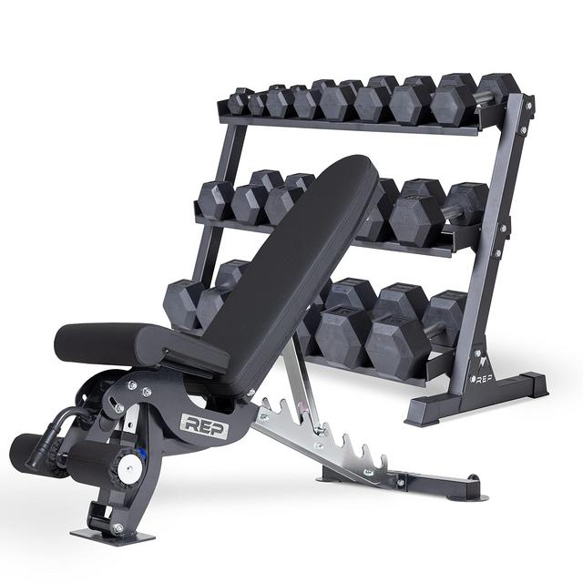 REP FITNESS Dumbbell Set with Bench – 5-50, 5-75 or 5-100 Rubber Hex Dumbbell Set with Either Flat or Adjustable Bench