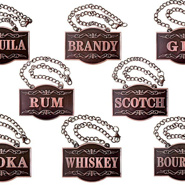 Decanter Tags - Liquor Tags (Set of 8, Copper Colour) Liquor Decanter Label:Gin, Vodka, Bourbon, Whiskey, Brandy, Rum, Scotch, Tequila - Tags for Liquor bottle, Adjustable Chain, 2.36 x 1.57 inches