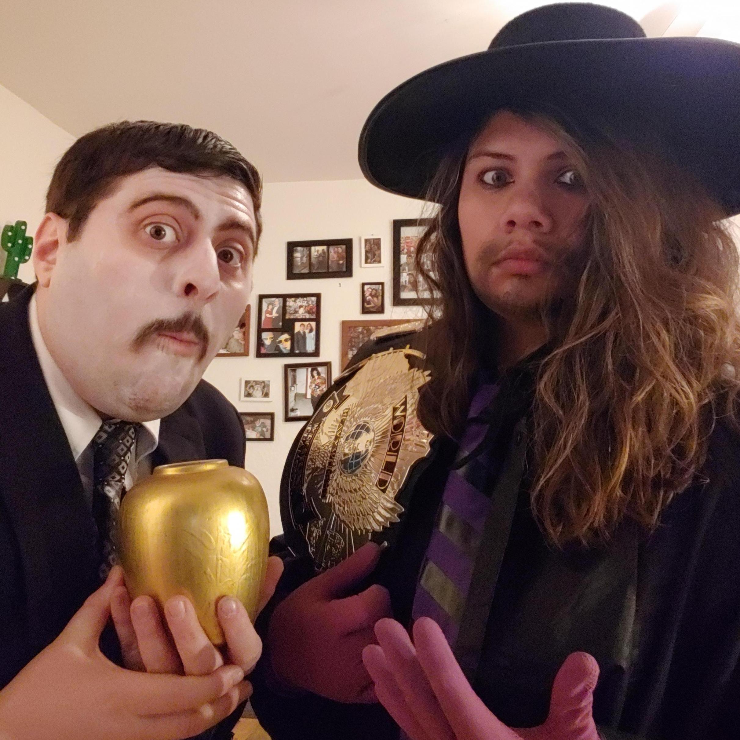 Last year for Halloween, Harri got to pick the couples costume, so he went with WWF Wrestler the Undertaker and his manager Paul Bearer.  We pulled it off well, I think.