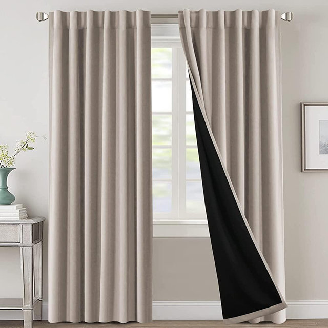 100% Blackout Curtains for Bedroom with Black Liner Full Room Darkening Curtains 84 Inches Long Thermal Insulated Back Tab/Rod Pocket Window Treatment Drapes for Living Room, Natural Sand, 2 Panels