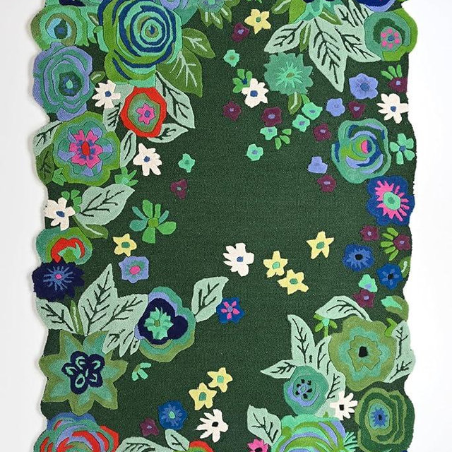 Handmade Colorful Roses Floral Wool Area Rug | Irregular Shape, Blossom & Vibrant Multi-Colored Garden Flower Pattern | Thick & Soft Carpet for Living, Bedroom & Kitchen Deco (Dark Green, 5' x 8')