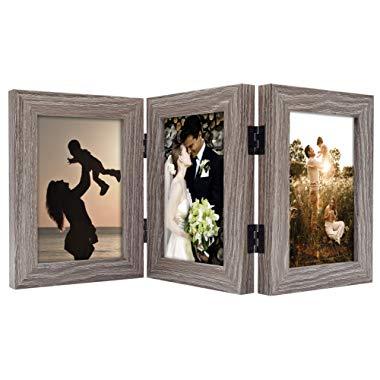 Golden State Art, Decorative Hinged Table Desk Top Picture Photo Frame, 3 Vertical Openings, 4x6 inches with Real Glass (4x6 Triple, Grey)