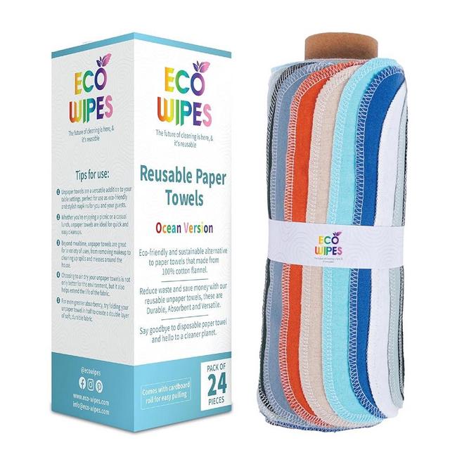 ECOWIPES 24 Pcs Reusable Paper Towels – Cloth Paper Towels Made from 100% Cotton for High Absorbency: Washable Napkins for Daily Use Come with a Cardboard Roll (Ocean)