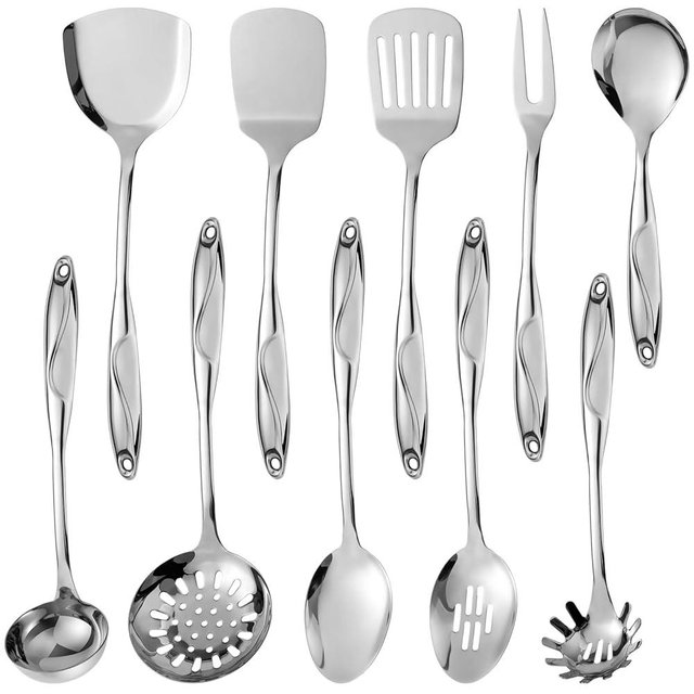 304 Stainless Steel Kitchen Utensils Set, 10 Pcs Metal Cooking Utensil, Mirror Polished Kitchen Gadget Cookware and Kitchen Tool Set, Dishwasher Safe