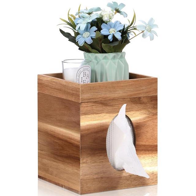 Tissue Box Cover, Wood Tissue Box Cover with Storage Tray Square Tissue Box Covers Holder for Bathroom, Bedroom, Dinner Table, Office, Tabletop 6" x 6" x 7.4"