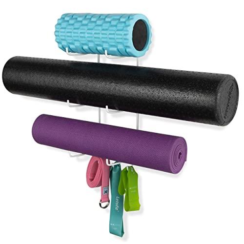 Wallniture Guru Wall Mount Yoga Mat Foam Roller and Towel Rack with 3 Hooks for Hanging Yoga Strap and Resistance Bands at Your Fitness Class or Home Gym 3-Sectional Metal