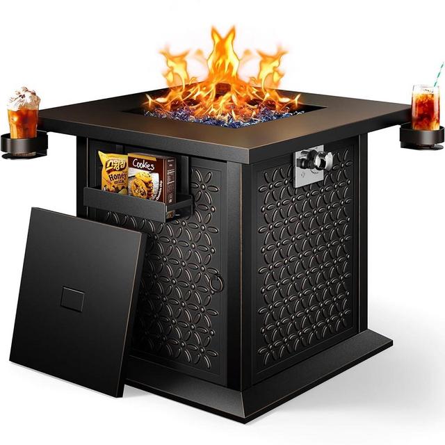 Ciays 28″ Fire Pit Table, Propane Fire Pit with Cup Holders & Hanging Shelf, 50,000 BTU Gas Fire Pit with Glass Stones & Nylon Dust Cover, Quick Ignition System, Patio/Porch/Deck Fire Pit