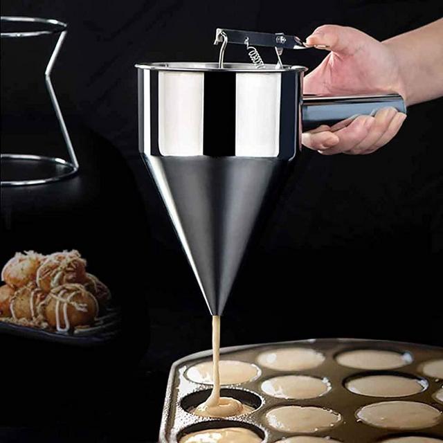 FunDiscount Stainless Steel Pancake Batter Dispenser with Stand, Creative Handheld Stirring Batter Separator Bottle with Shelf for Making Crepes, Waffles Cupcakes, Chocolates, Caramels, Gummy (Silver)