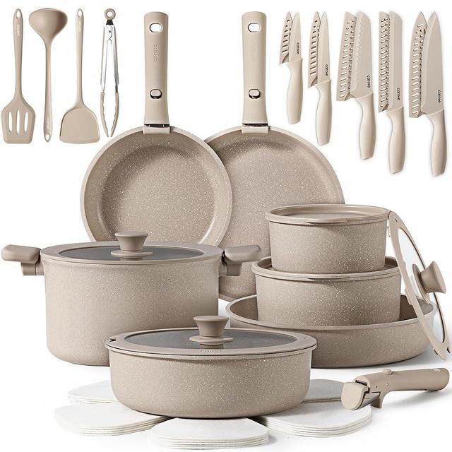 CAROTE 33pcs Pots and Pans Set Non Stick, Cookware Set, Removable Handle Pots and Pans Nonstick, RV Oven Safe Cookware, Induction Kitchen Cookware Set, Knife Set, Taupe