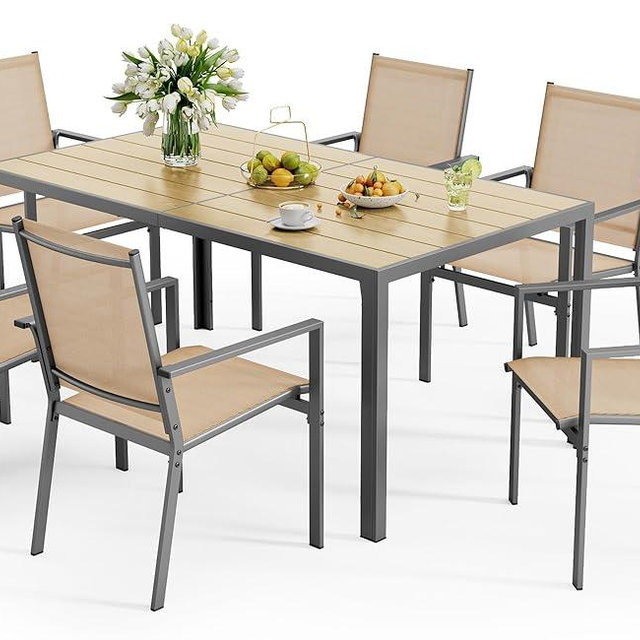 Ahomly Patio Table and Chairs Set for 6, Outdoor Dining Set Includes 59.5" Rectangle Patio Table with Side Umbrella Hole and 6 Textilene Fabric Patio Chairs for Backyard, Courtyard, Poolside, Brown