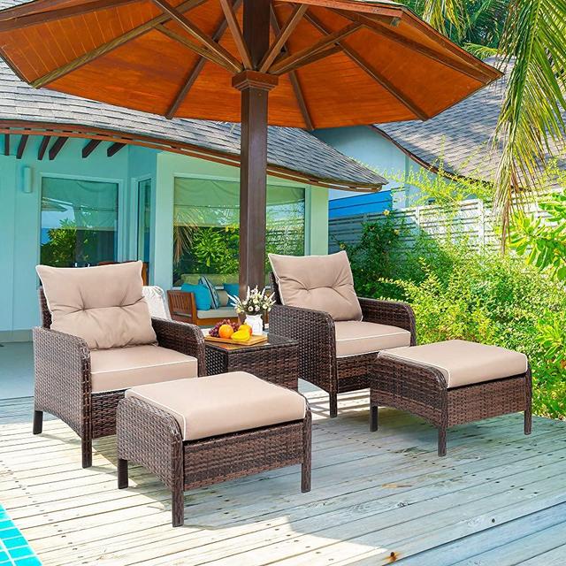 Vongrasig 5 Piece Wicker Patio Furniture Set, PE Wicker Rattan Small Patio Set Porch Furniture, Cushioned Patio Chairs Set of 2 w/Ottoman&Table, Outdoor Lounge Chair Chat Conversation Set, Dark Brown