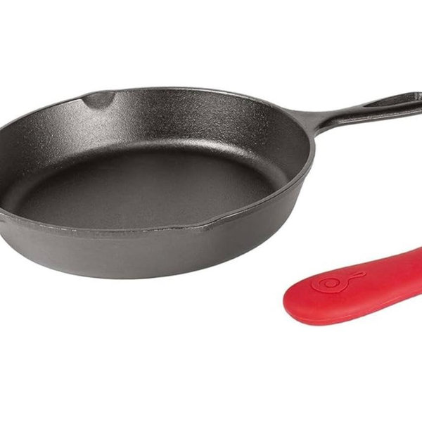 Lodge 12 Inch Cast Iron Skillet with Red Silicone Hot Handle Holder – Pre-Seasoned Frying Pan for Stove, Oven, Grill & Campfire – Made in the USA – Durable, Nonstick Cast Iron Cookware – Black