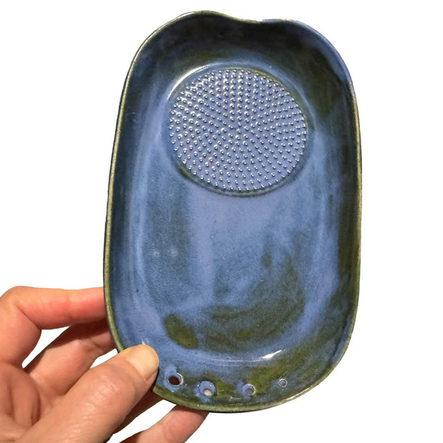 Indigo + Moss Variegated Glaze Handmade Ceramic Garlic Grater and Herb Stripper Plate, 6” x 4” Rectangular Pottery Kitchen Tool