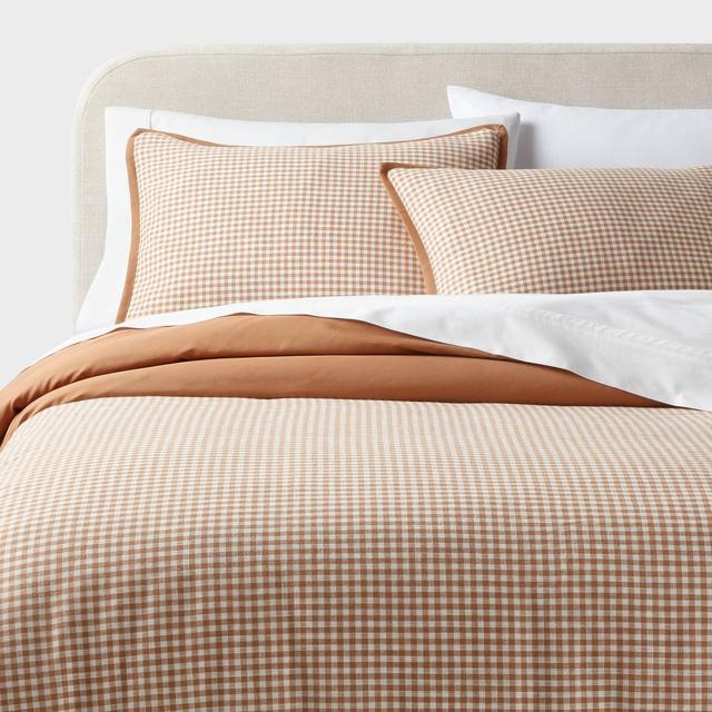 King Mini Gingham Duvet and Sham Set Camel - Threshold™: 100% Cotton, Machine Washable, Midweight Fabric
